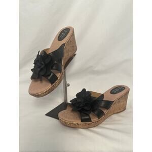 BOC Born Concept Black Flower Cork Wedge Sandals Size 9 Boho Comfort